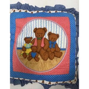 VTG Cranston VIP Bears Family Fabric Pillow Panel Blue Pink Quilt Squares